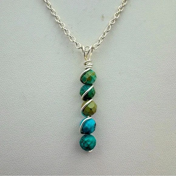 Wire-Wrapped Hubei Turquoise Stone Drop Necklace in Teal & Earth Tones - Picture 2 of 7